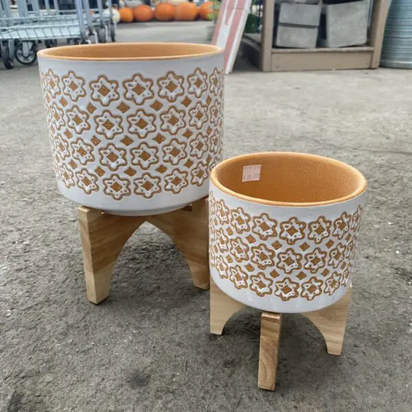 Orange & White Flower-Diamond with Wooden Stand (Ceramic) - Small Pots