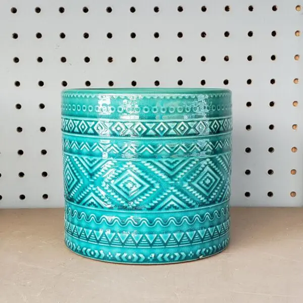 Teal Blue Geometric Ceramic Pot