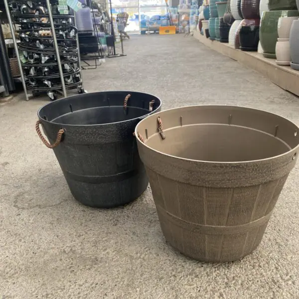 Faux Half-Barrel Plastic Pot with Rope Handles