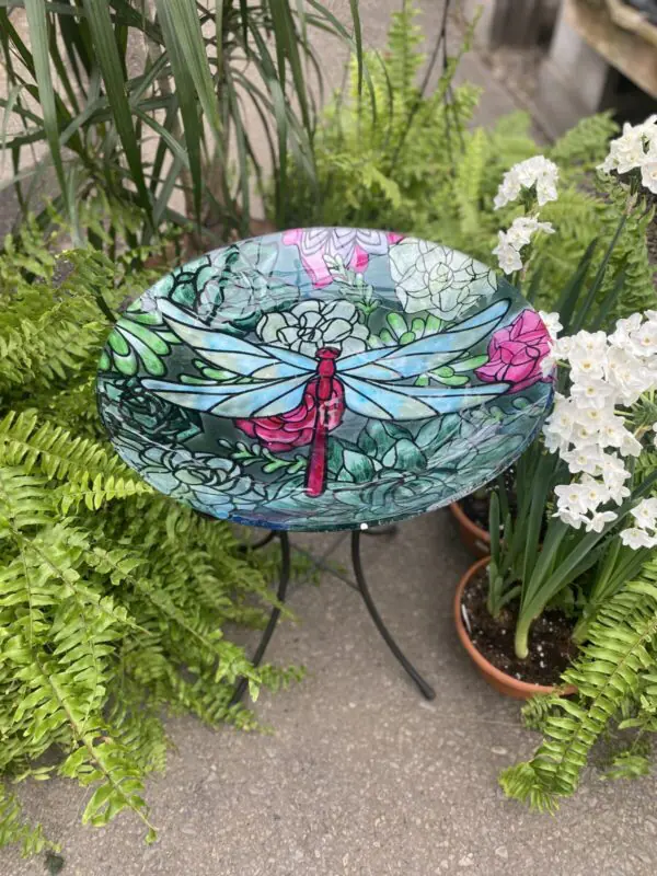 Dragonfly Birdbath (Glass with Iron Stand)